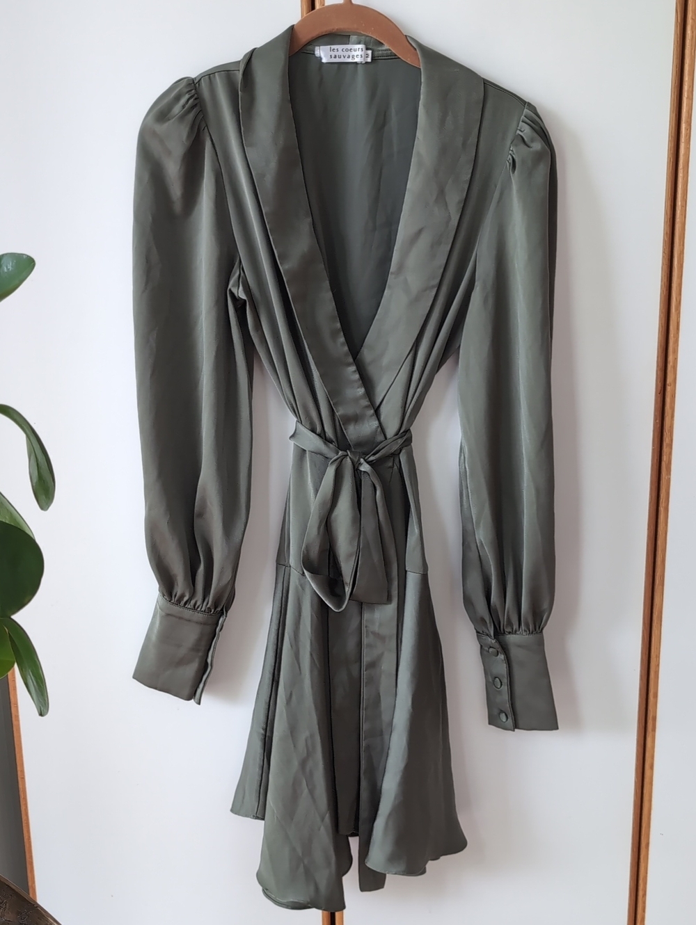 NWOT Les Coeurs Sauvages Sage Green Silk Wrap Dress Belt V-neck M